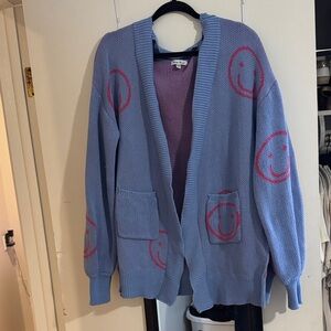 White Birch Blue Cardigan with Pink Smiley Faces